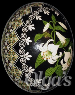 Ukrainian Easter Egg Art. Ostrich pysanka. White Easter Lily.