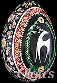 Ukrainian Easter eggs Pysanky. Goose egg with ancient Ukrainian design elements and symbols. Deer.