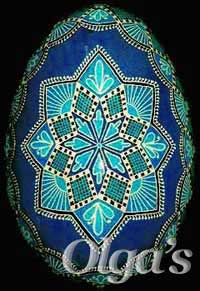 Ukrainian Easter Eggs. Goose eggshell pysanky art. Blue.